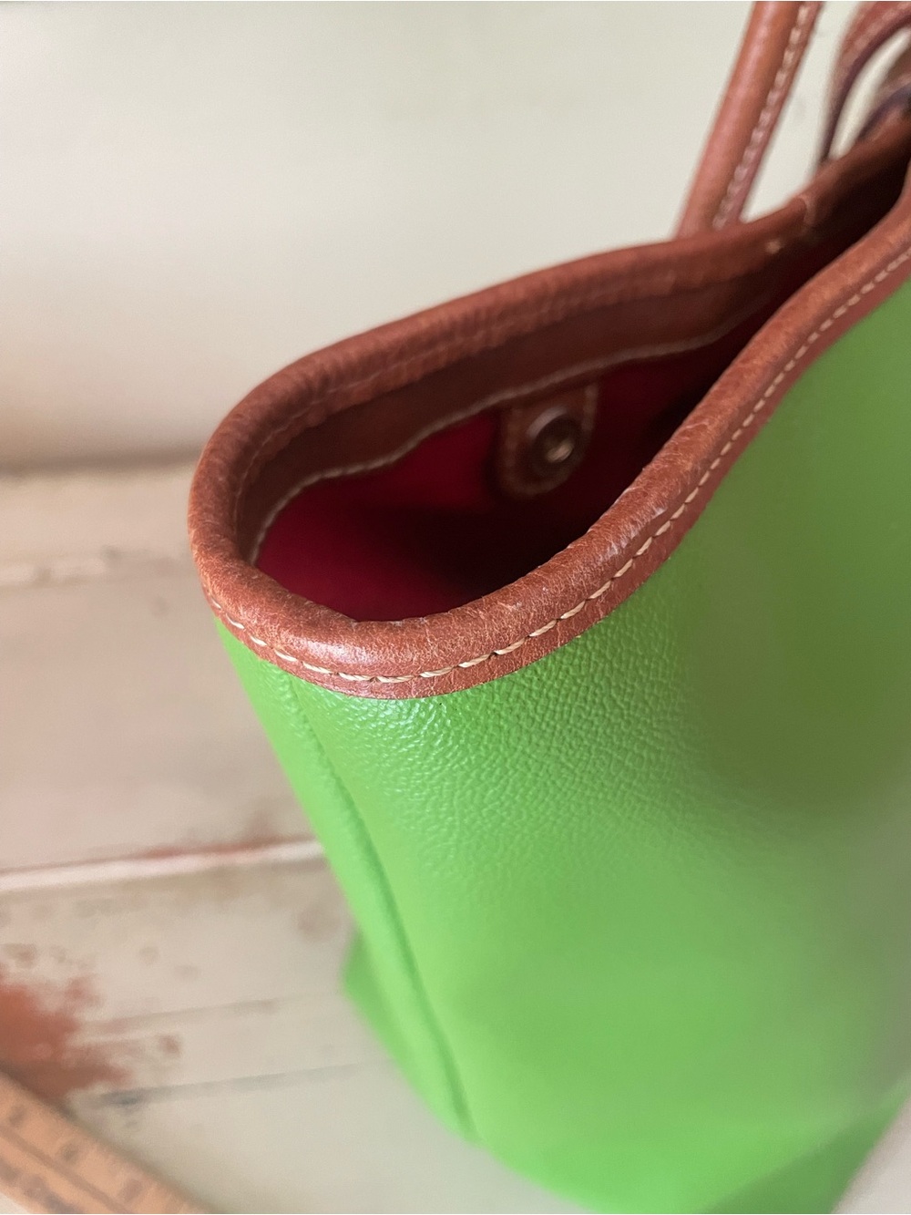Dooney & Bourke Eva BaileyBright Green Tote with Brown Trim - Picture 4 of 16